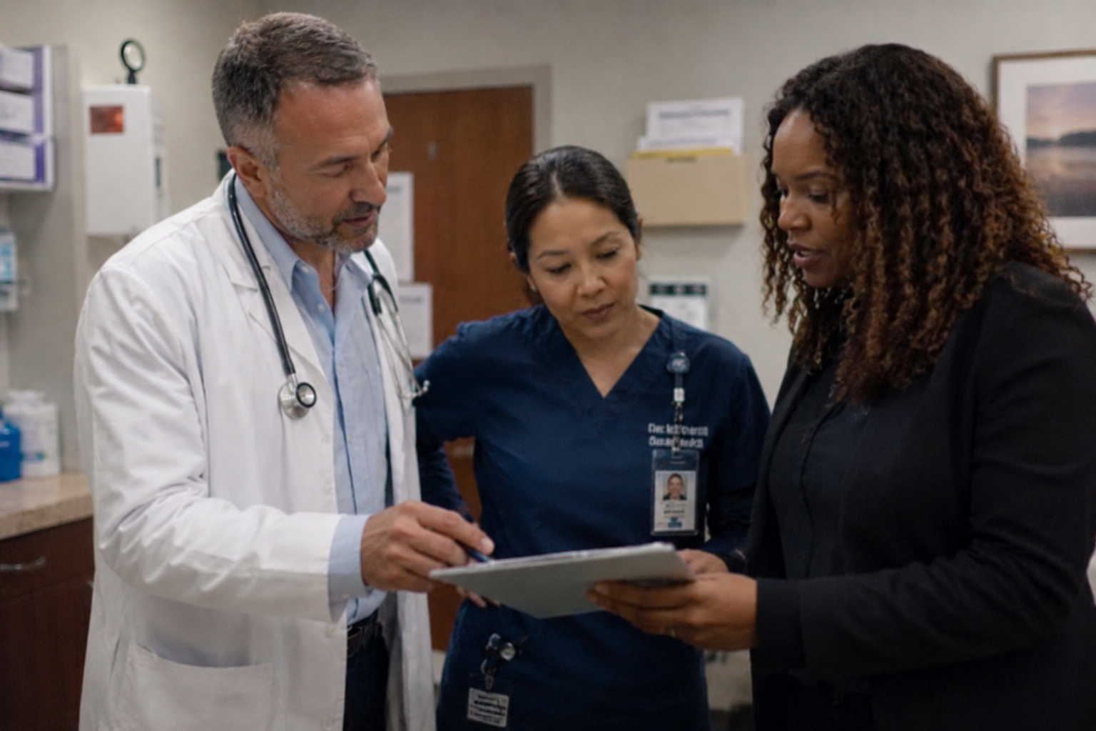 Healthcare providers reviewing care plan on a tablet